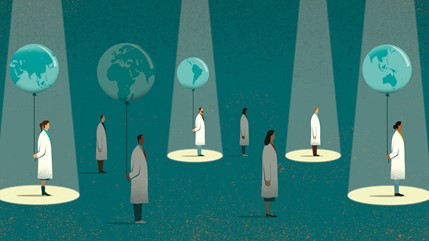 illustration of several white-coated scientists holding balloons shaped like the Earth
