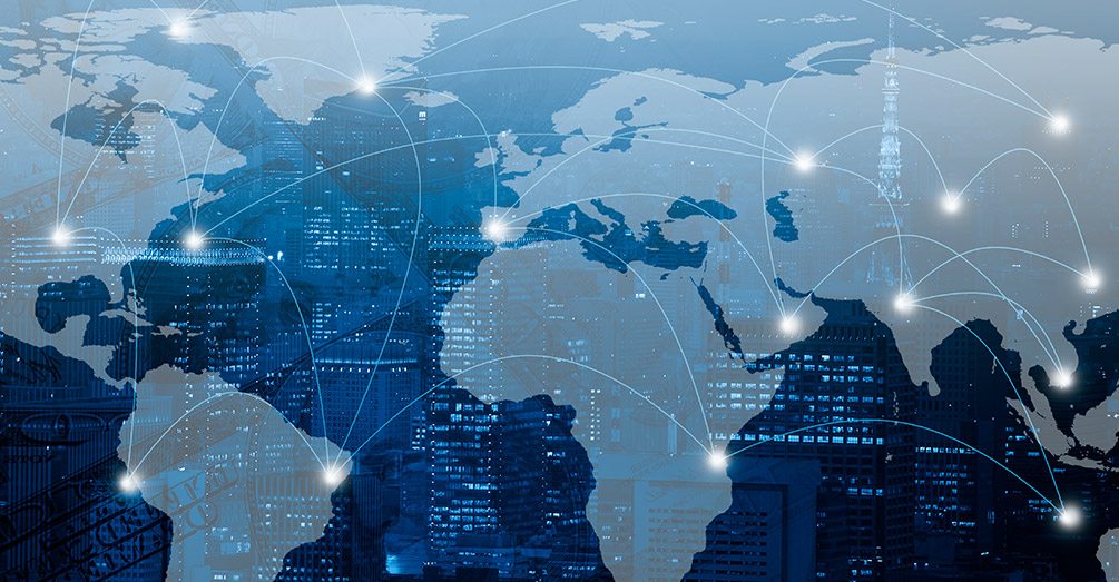 flat world map showing some major global trade connections