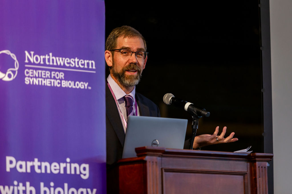 synthetic biologist Michael Jewett delivers remarks on the history of NU's Center for Synthetic Biology